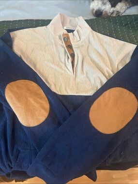 Corduroy Pullover with Tan Elbow Patches - Navy & Cream